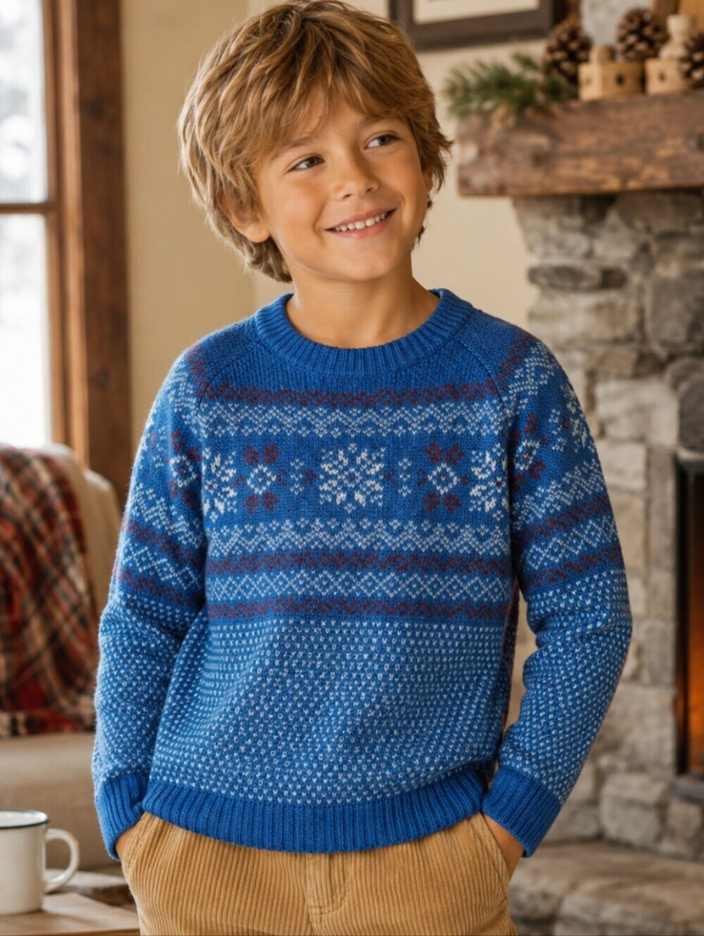 Nordstrom Kids Fair Isle Nordic Sweater Blue Red Unisex Size 7 Apres Ski